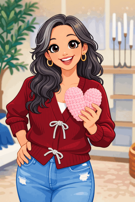 A woman with long dark hair, wearing a red cardigan and jeans, smiles while holding a pink knitted heart in a cozy living room.