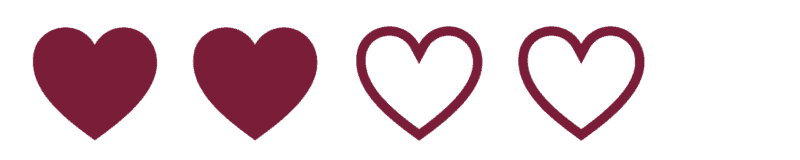 Four heart icons in a row; the first two are filled with maroon color, and the last two are outlined in maroon with no fill.