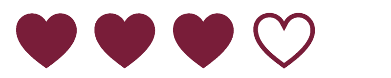 Three solid burgundy hearts followed by one outlined heart on a white background.