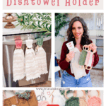 Collage showing crocheted dishtowel holders on an oven, a woman holding the holders, close-up of yarn, and a play button for a video tutorial. Text promotes a free Wheat Stitch napkin ring crochet pattern.