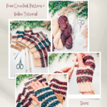 Collage showing striped crochet fingerless mittens, yarn, hooks, scissors, and hands modeling the mittens; text advertises a free pattern and tutorial in sizes newborn to adult large.
