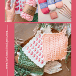 Three images show crocheted hotpads in various colors, yarn skeins, and crochet hooks, with text promoting a wheat stitch hotpad pattern and video tutorial by Briana K Designs.
