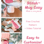 Three photos feature colorful crocheted mug cozies with tags, yarn, and a mug. Text promotes a free wheat stitch cozy crochet pattern and video tutorial, plus customization options—perfect to pair with your favorite Wheat Stitch hotpad crochet pattern.