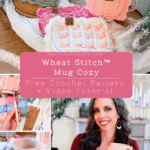 A display of crocheted mug cozies in various colors, a mug, crochet hooks, and a woman holding a mug with a pink cozy; text promotes a free Wheat Stitch hotpad crochet pattern and video tutorial.