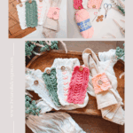 A set of colorful crocheted napkin rings with buttons displayed on napkins, alongside yarn, crochet hook, and scissors—perfect for pairing with your Wheat Stitch mug cozy crochet pattern creations.