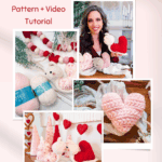 A collage featuring crocheted snails, yarn, heart decorations—including the Wheat Stitch crochet heart pattern—and a woman with finished projects, advertising a free pattern and video tutorial from brianakdesigns.com.