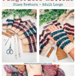 Collage showing striped crochet fingerless mittens, crochet hooks, scissors, yarn in various colors, and text offering a free Wheat Stitch™ fingerless mittens pattern and video tutorial.