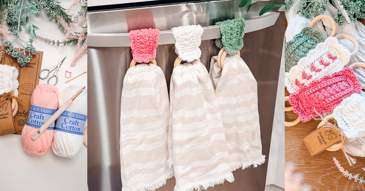 Three hand towels with crocheted tops and wooden rings, featuring the Wheat Stitch napkin ring crochet pattern, hang on a metallic surface, flanked by yarn, crochet hooks, and finished crochet towel toppers.