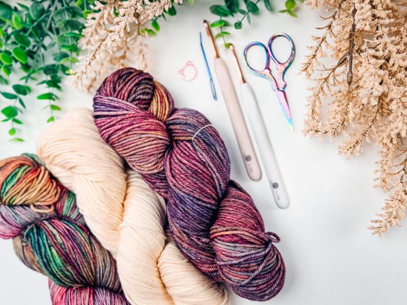 Three skeins of multicolored and cream yarn, two crochet hooks, scissors, stitch markers, and decorative plants arranged on a white surface.