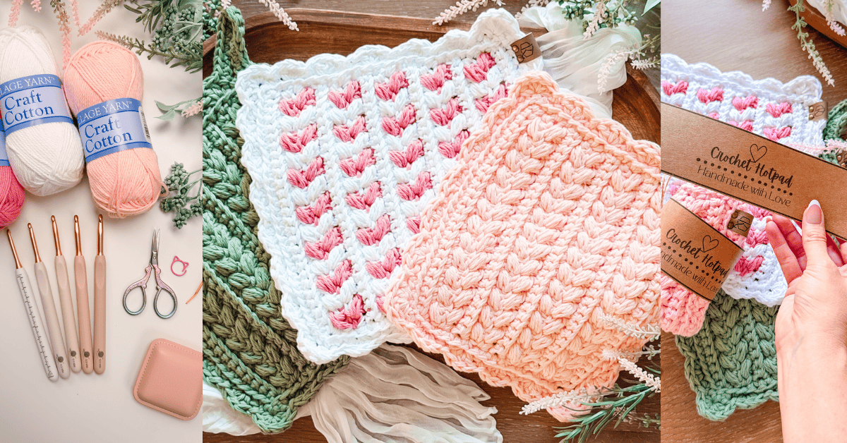 Three images show crochet supplies, pastel crochet squares with scalloped edges, and a hand holding a business card for a crochet shop.