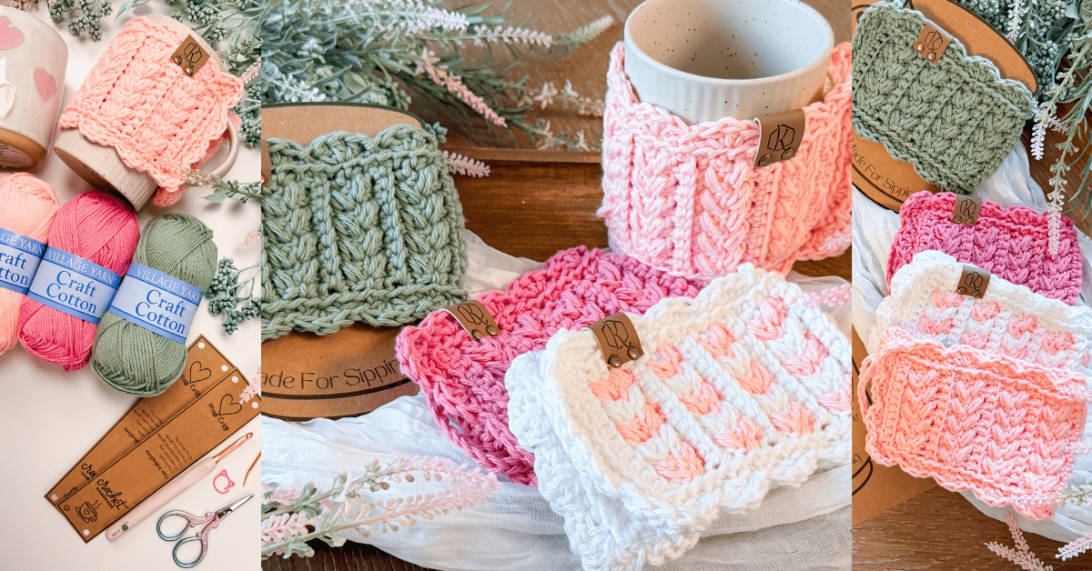 Various pastel-colored crochet mug cozies and yarn are displayed alongside crafting tools, a mug, and a Wheat Stitch hotpad crochet pattern, all set on a light, decorative background with foliage accents.