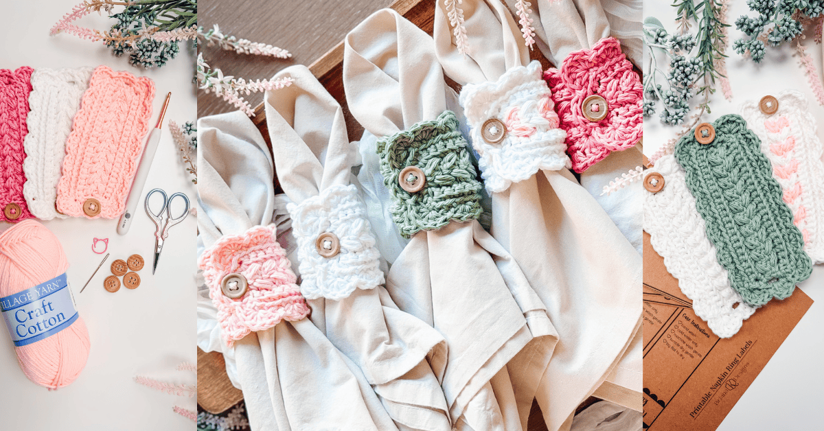 Three scenes show handmade crochet napkin rings in pink, green, and white, displayed with napkins, yarn, scissors, buttons, a crochet pattern sheet, and a Wheat Stitch mug cozy crochet pattern for added crafty inspiration.