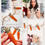 A collage showing a crocheted Easter garland with carrots, a woman holding crochet carrots and cottontails, close-ups of the Mini Crochet Carrot Pattern pieces, and bunny dolls by the garland.
