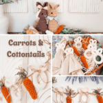 Collage featuring a crocheted carrot and bunny garland, crocheted bunnies, Easter-themed table settings with crocheted accents, and the text "Carrots & Cottontails Crochet Garland. Happy Easter!"—perfect for showcasing a Mini Crochet Carrot Pattern.
