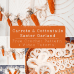 A handmade Easter garland featuring crocheted white bunny heads and orange carrots, crafted with a Mini Crochet Carrot Pattern, displayed on a wall and in a woven basket, with a tutorial advertisement overlay.
