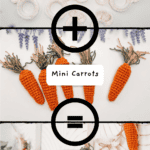 Crocheted bunnies and mini carrots, crafted with a charming Mini Crochet Carrot Pattern, arranged with text: "Bunnies + Mini Carrots = Easter Magic." Lavender sprigs and decorative crochet pieces in the background.