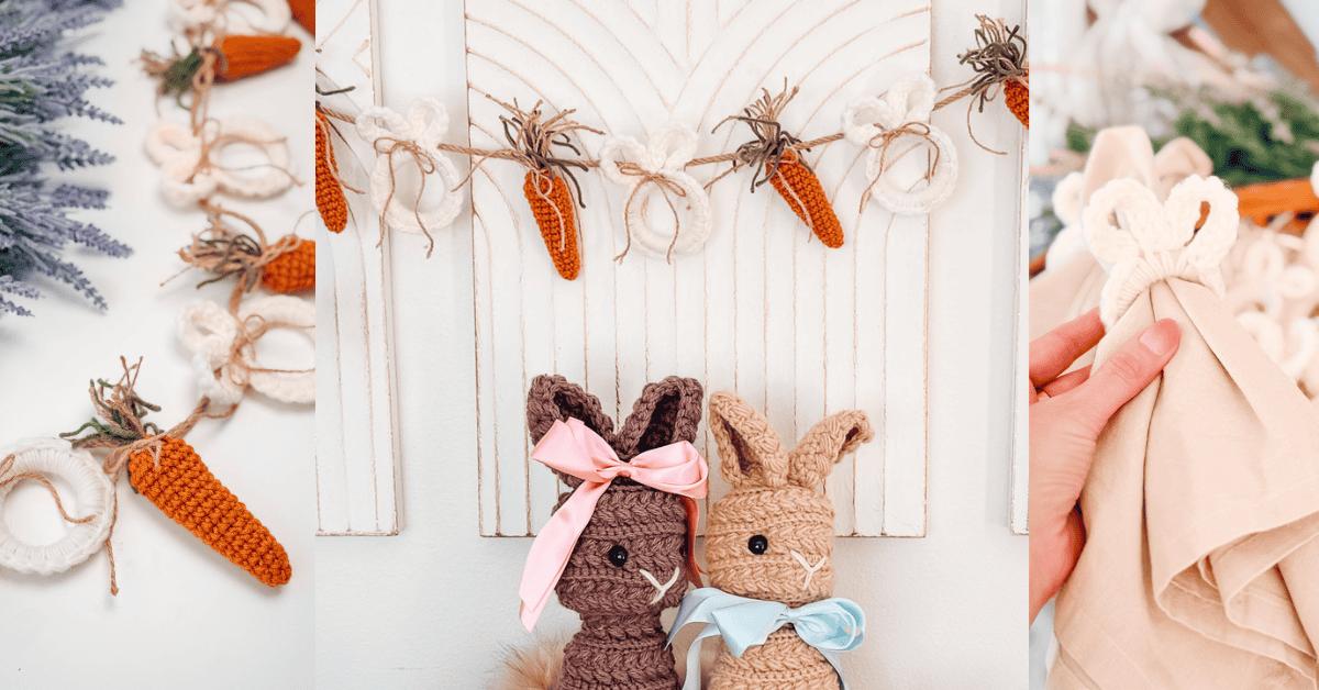 A crocheted garland with white bunnies and orange carrots hangs on a wall above two crocheted bunny dolls with bows; a hand holds a crocheted bunny napkin ring.
