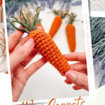A hand holds a crocheted mini carrot, surrounded by other crocheted carrots and yarn; text promotes a free Crochet Bunny Head Pattern and video tutorial—perfect for Easter crafting!.