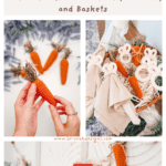 Collage showing crocheted mini carrot crafts, some in a hand, some arranged with white bunny decorations, and some hanging on a string garland for Easter decor—perfect to pair with your favorite Crochet Bunny Head Pattern.