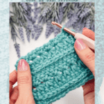A hand holds a crocheted swatch and hook with "How to Crochet Petal Loop Stitch" tutorial text overlaid; lavender flowers bloom in the background, highlighting the delicate beauty of the Petal Loop Crochet Stitch.