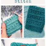 Three images show hands crocheting and displaying teal swatches using the Petal Loop Crochet Stitch, with text indicating a tutorial and video for mastering this unique technique.