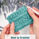 Two hands hold a teal swatch and hook, surrounded by lavender, showcasing the Petal Loop Crochet Stitch. Discover our written and video tutorial to master this beautiful stitch today.
