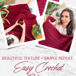 Collage showing a woman holding and using a red Petal Loop Stitch Blanket, with text promoting an easy crochet blanket pattern by Brianakdesigns.com.
