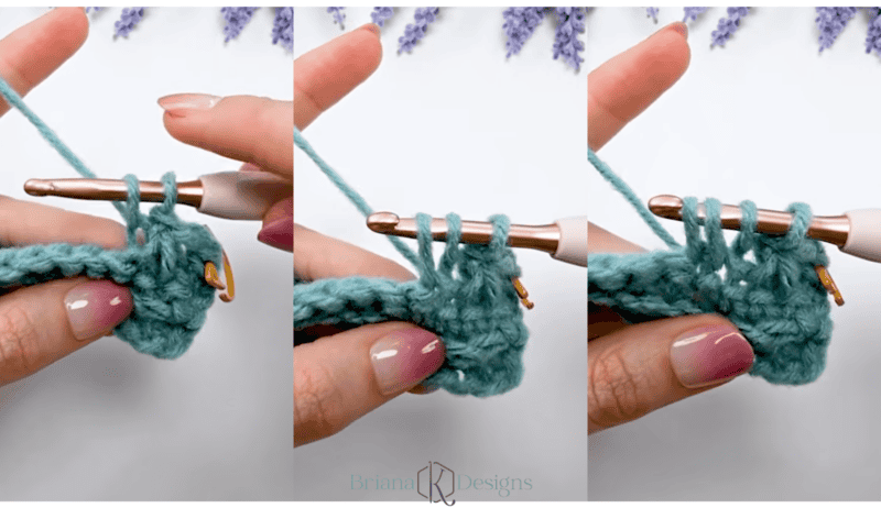 Three side-by-side images show hands crocheting with blue yarn and a white crochet hook, demonstrating a stitch in progress.