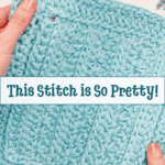 Close-up of hands holding a crocheted blue square with text overlay reading, "This Stitch is So Pretty! Petal Loop Stitch Trivet.