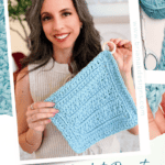 Woman holding a blue Petal Loop Stitch Trivet, with yarn and scissors nearby; text reads "Weekend Crochet Project: Quick Trivet You Can Make NOW!.