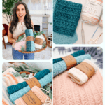 A woman holds a basket of crocheted washcloths. Close-ups show textured washcloths, yarn, labels, and scissors. Text reads: "How to Crochet a Petal Loop Stitch Washcloth. Easier than the star stitch!.