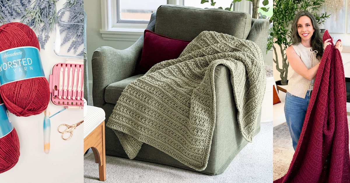 Red yarn and crochet tools, a textured green blanket draped over a green armchair, and a woman holding a completed red Petal Loop Stitch Trivet alongside her crochet blanket.