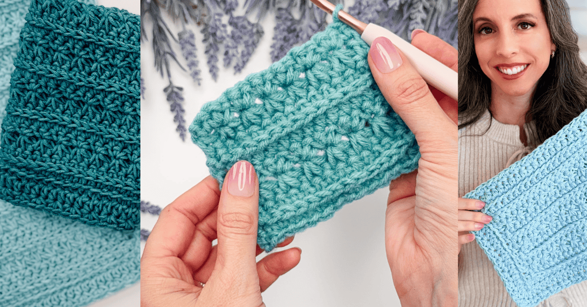 Three images: a close-up of teal crochet fabric, hands holding a crochet swatch with a hook, and a woman smiling while holding a finished aqua crochet piece.