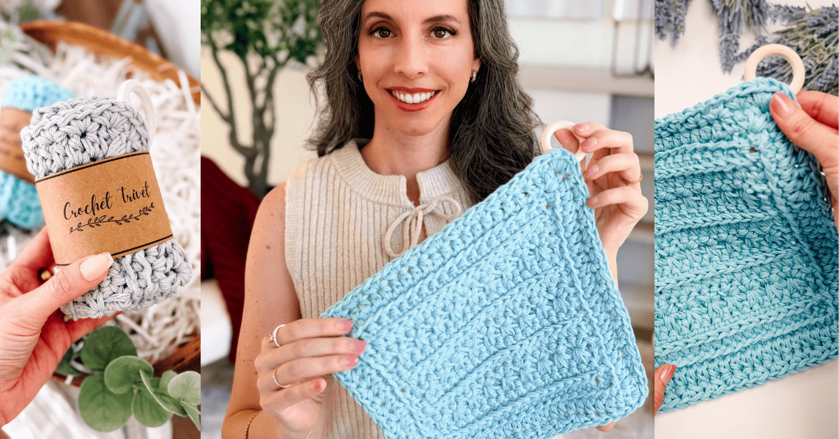 A woman holds a light blue crocheted pot holder with a hanging loop; close-up images show the textured yarn and crochet details.