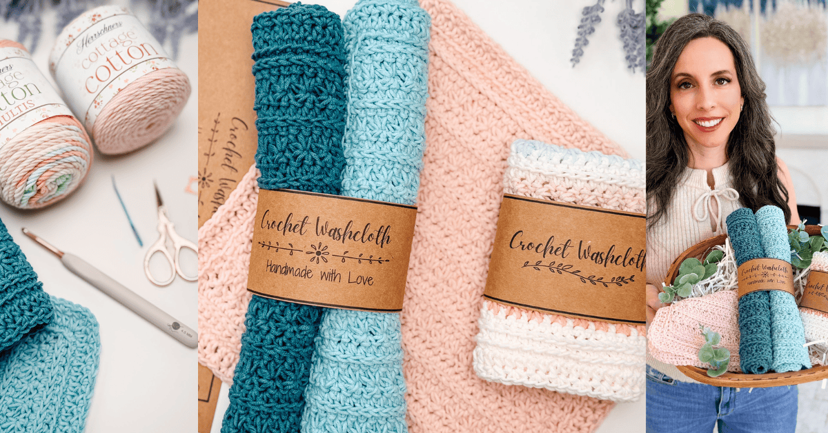 Three images show crochet petal loop stitch washcloths in pastel colors, labeled "Handmade with Love," yarn and tools, and a woman holding a basket with finished washcloths.