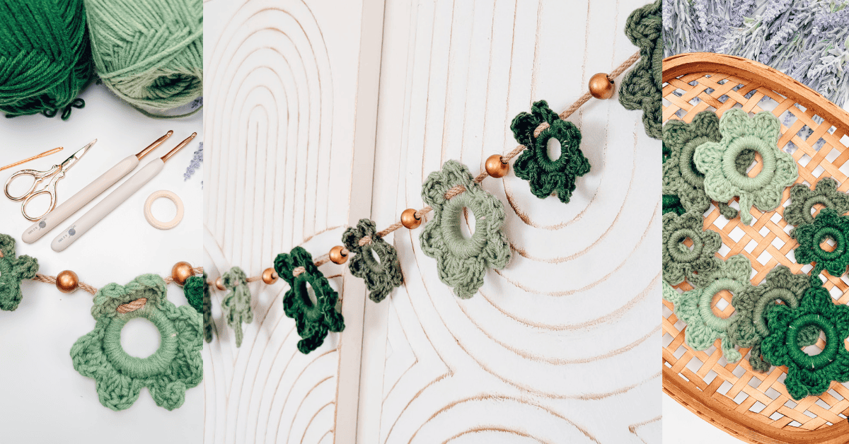 Three images show green crocheted flowers made from yarn, displayed with crochet tools, strung as a garland, and arranged in a basket.