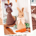 Two crocheted bunny dolls with bows, one brown and one tan with an orange base, displayed with yarn and crochet tools. Text advertises a free crochet pattern and video tutorial.