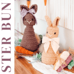 Two crocheted bunny figures with bows and crocheted carrots are displayed on a wooden surface, with decorative greenery and a promotional text for a free crochet pattern and video tutorial.