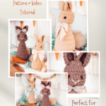 Collage of crocheted bunny dolls in brown and beige with bows, displayed on a shelf with Easter decorations. Text advertises a free crochet pattern and video tutorial for Easter.