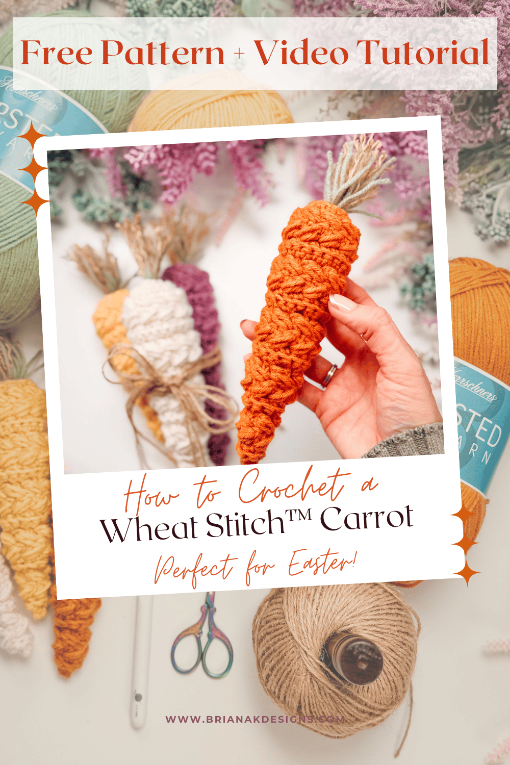 A hand holds a crocheted carrot among yarn balls, a crochet hook, and scissors, with text offering a free Wheat Stitch carrot crochet pattern and video tutorial for Easter.