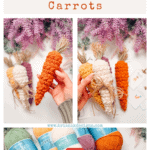 Three images show crocheted carrots made with different colored yarn, crochet hooks, and yarn skeins, promoting a free wheat stitch carrot crochet pattern and video tutorial.