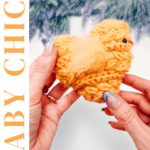 A hand holds a crocheted yellow baby chick against a blurred background; text reads “Baby Chick Wheat Stitch™ Free Crochet Pattern + Video Tutorial.”.