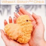 Hands holding a small crocheted chick made with wheat stitch yarn, with text promoting a free pattern and video tutorial.