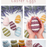 A variety of crocheted Easter eggs, made with wheat stitch in pastel colors, are displayed along with a video tutorial and free pattern information.