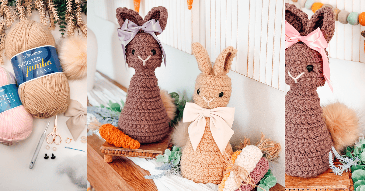 Three-panel image showing yarn and crochet tools, and two finished crocheted bunny dolls with bows, displayed with crocheted carrots and greenery on a wooden surface.