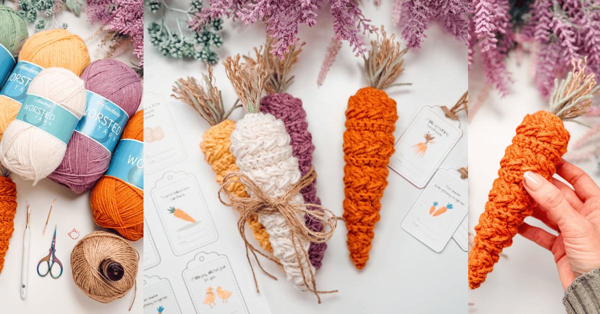 Three photos show yarn balls, crochet hooks, and finished crocheted carrots in orange, white, and purple colors, some tied with twine, displayed with illustrated carrot gift tags.
