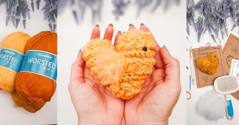 Three images: yarn skeins, hands holding a crocheted yellow chick, and a crochet kit with tools and instructions, all on a light surface with purple flowers above.