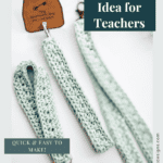 Three crocheted keychain lanyards in light green with metal clasps, made using the Petal Loop Lanyard & Keychain crochet pattern—perfect as a handmade end-of-year gift idea for teachers.