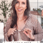Woman wearing a lace crochet v-neck cardigan with tie, demonstrating how to tie it. Decorative text reads "How to Crochet: A Lace V-Neck Cardigan with Tie" featuring the elegant Circle Leaf V-Neck Crochet Cardigan pattern.