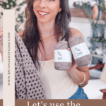 A woman holds yarn and a crochet project, highlighting the Circle Leaf Lace Crochet Cardigan pattern for creating a stylish V-neck cardigan. Text on the image shares the website and key project details.